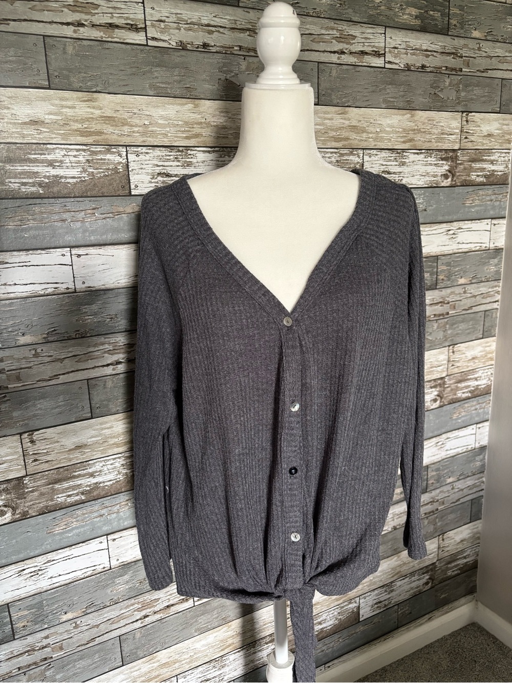 Kim & Cami Gray Thermal Waffle Knit Tie Front 3/4 Sleeve Shirt Womens XL